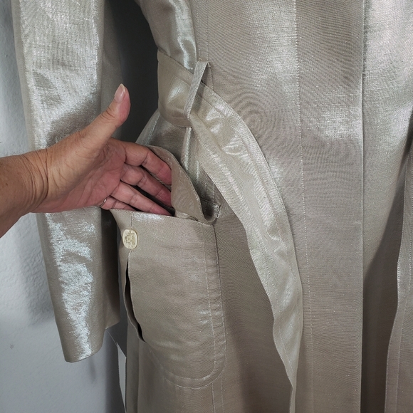 St. John Shimmering Silk Trench Tan / Silver w/ Belt & Pockets Couture sz 10 - Picture 7 of 15